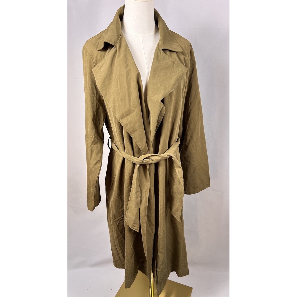 Love Tree Women Open Front Belted Waterfall Trench Coat M Olive Green Excellent